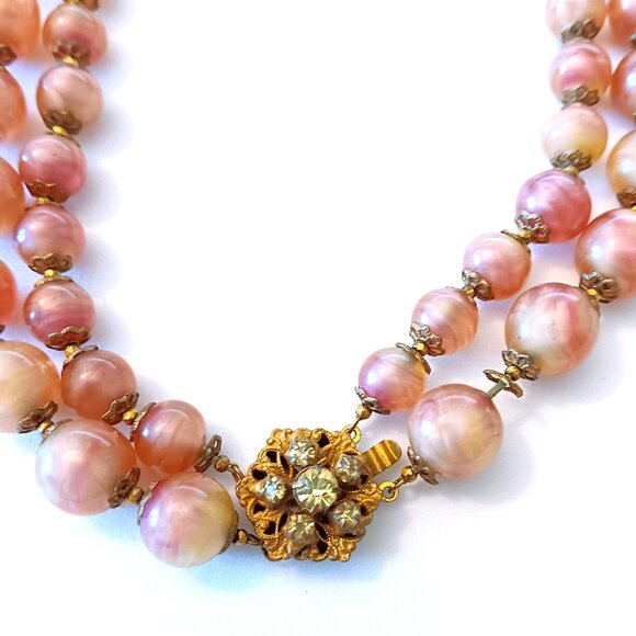 Vintage Miram Haskell Orange & Cream Swirl Glass Stone Double Strand Necklace - Picture 2 of 3